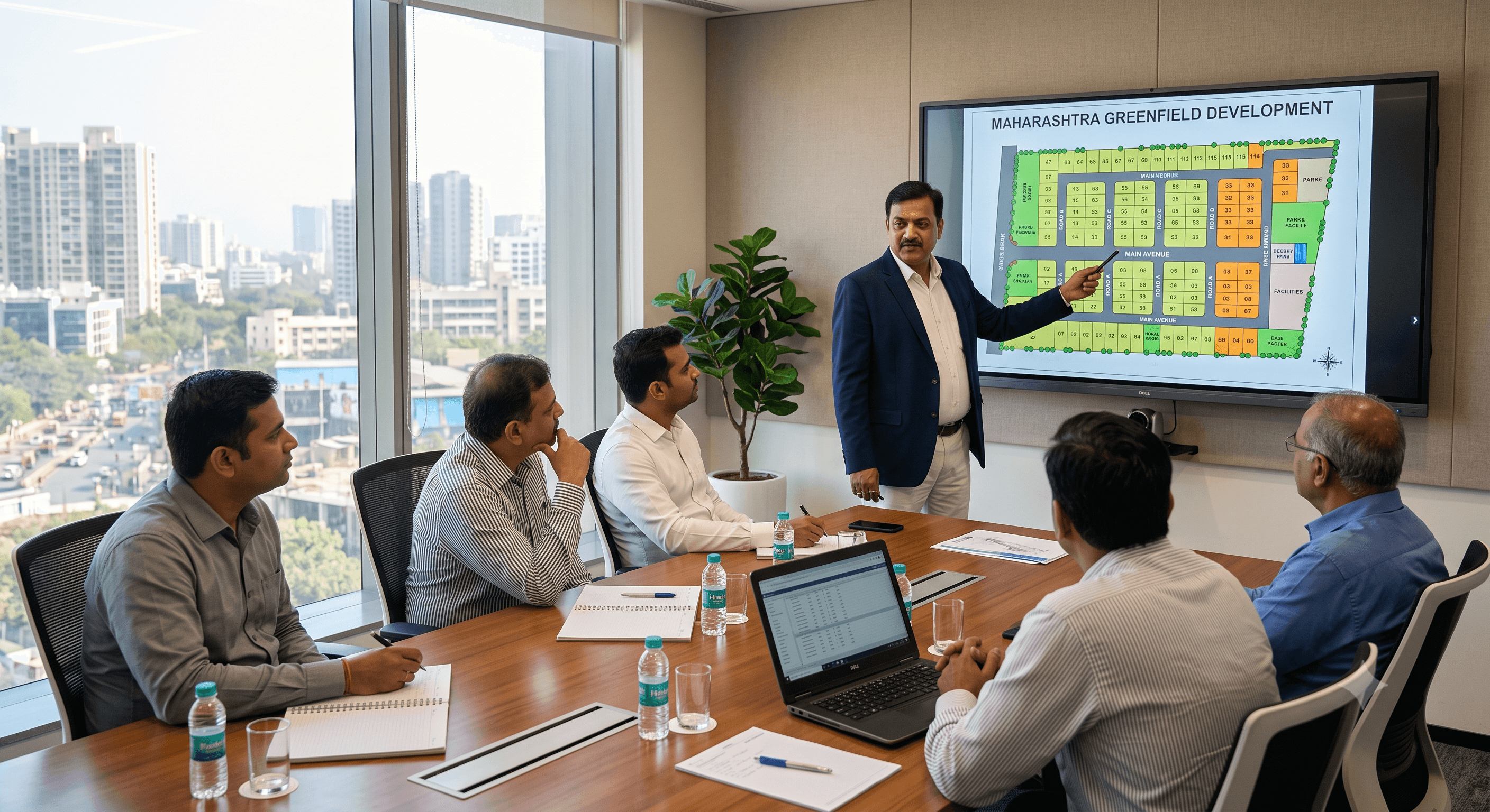 Rex consultant presenting a plot layout master plan to project owners in a boardroom